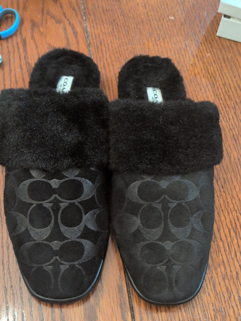 Coach Suede Black Signature C Slide Slippers with Shearling Trim RARE